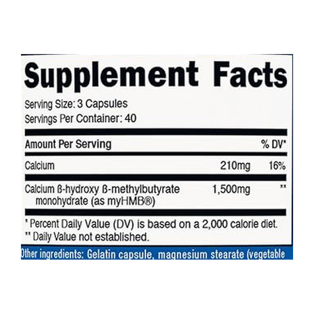 Nutricost, Perfromance, myHMB, 1,500 MG, 120 Capsules supplement facts label showing ingredients, vitamins, minerals, and serving information