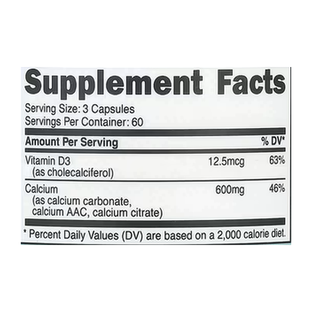 Nutricost, Women, Calcium + Vitamin D3, 180 Capsules supplement facts label showing ingredients, vitamins, minerals, and serving information
