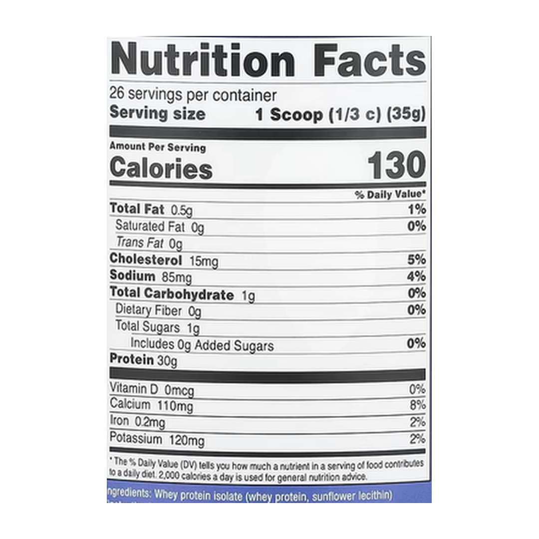 Nutricost, Whey Protein Isolate, Unflavored, 2 lb, 907 g supplement facts label showing ingredients, vitamins, minerals, and serving information