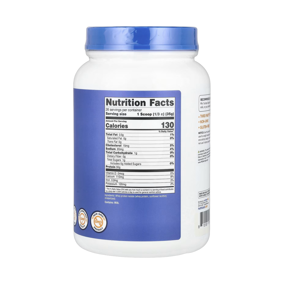 Nutricost, Whey Protein Isolate, Unflavored, 2 lb, 907 g back packaging view