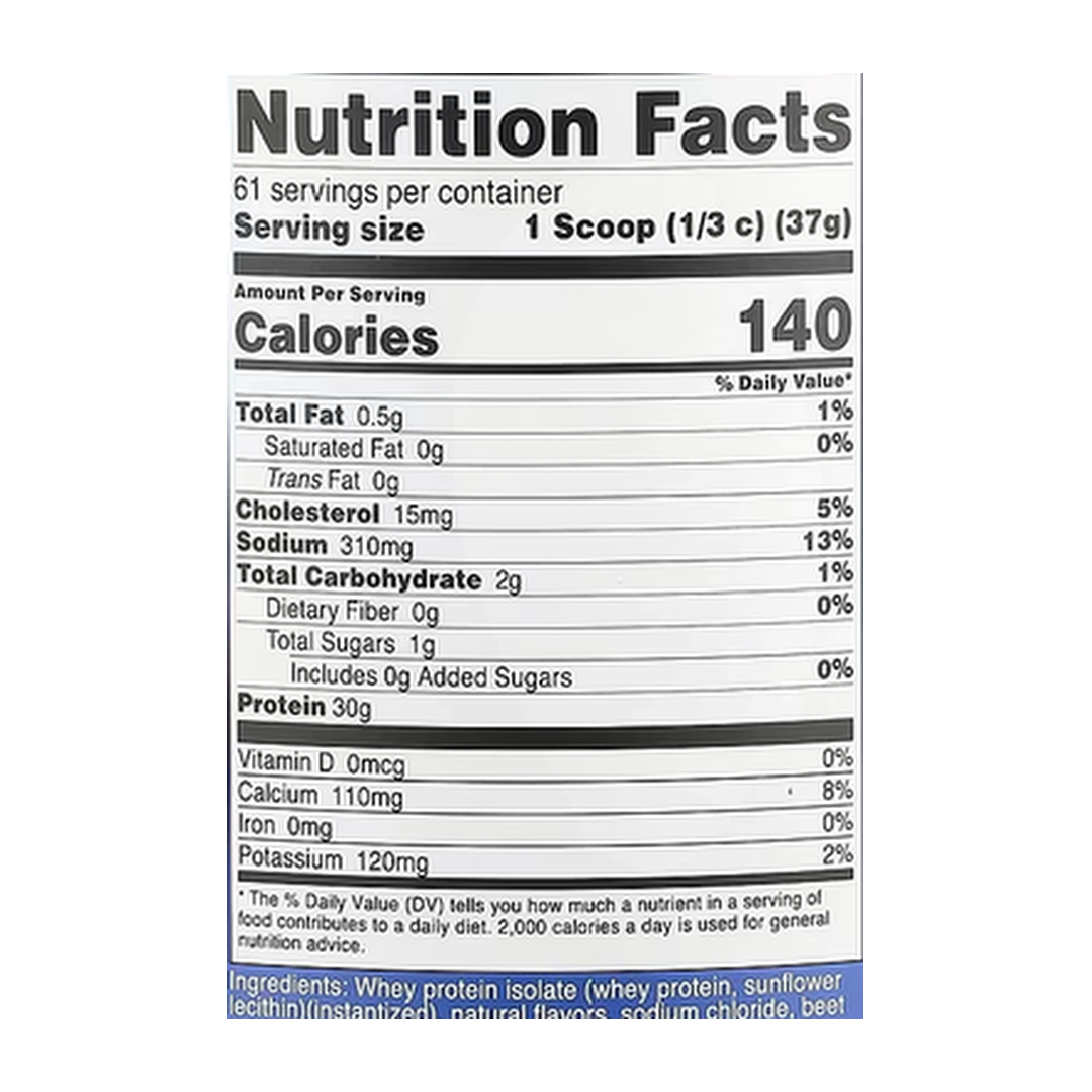 Nutricost, Whey Protein Isolate, Strawberry Milkshake, 5 lb, 2,268 g supplement facts label showing ingredients, vitamins, minerals, and serving information