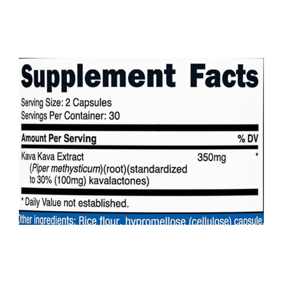Nutricost, Kava Kava, 350 MG Per Serving, 60 Capsules supplement facts label showing ingredients, vitamins, minerals, and serving information