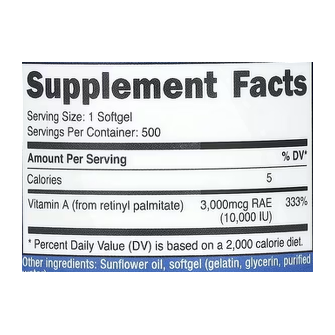 Nutricost, Vitamin A, 10,000 IU, 500 Softgels supplement facts label showing ingredients, vitamins, minerals, and serving information