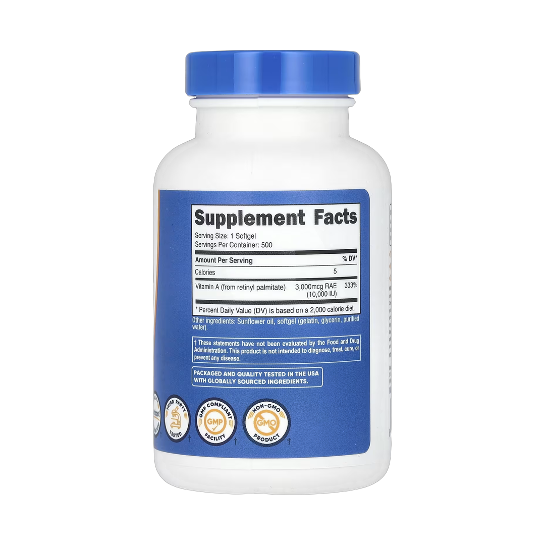Nutricost, Vitamin A, 10,000 IU, 500 Softgels back packaging view