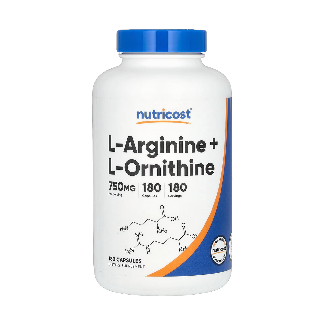Nutricost, L-Arginine + L-Ornithine, 750 mg, 180 Capsules front packaging view