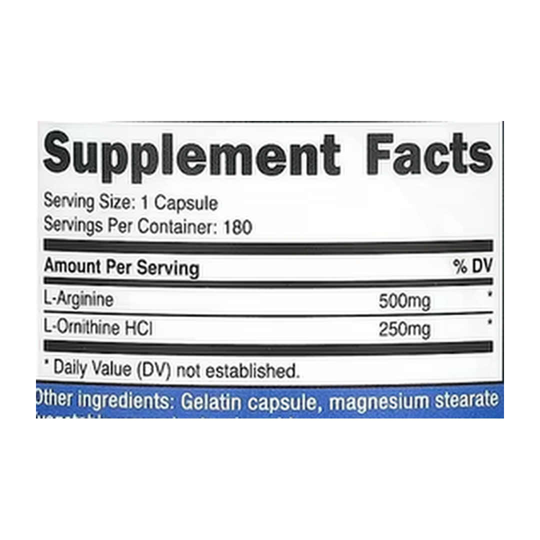 Nutricost, L-Arginine + L-Ornithine, 750 mg, 180 Capsules supplement facts label showing ingredients, vitamins, minerals, and serving information