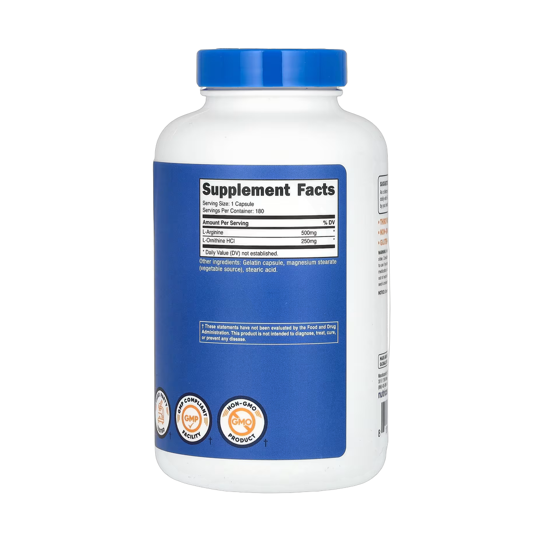 Nutricost, L-Arginine + L-Ornithine, 750 mg, 180 Capsules back packaging view