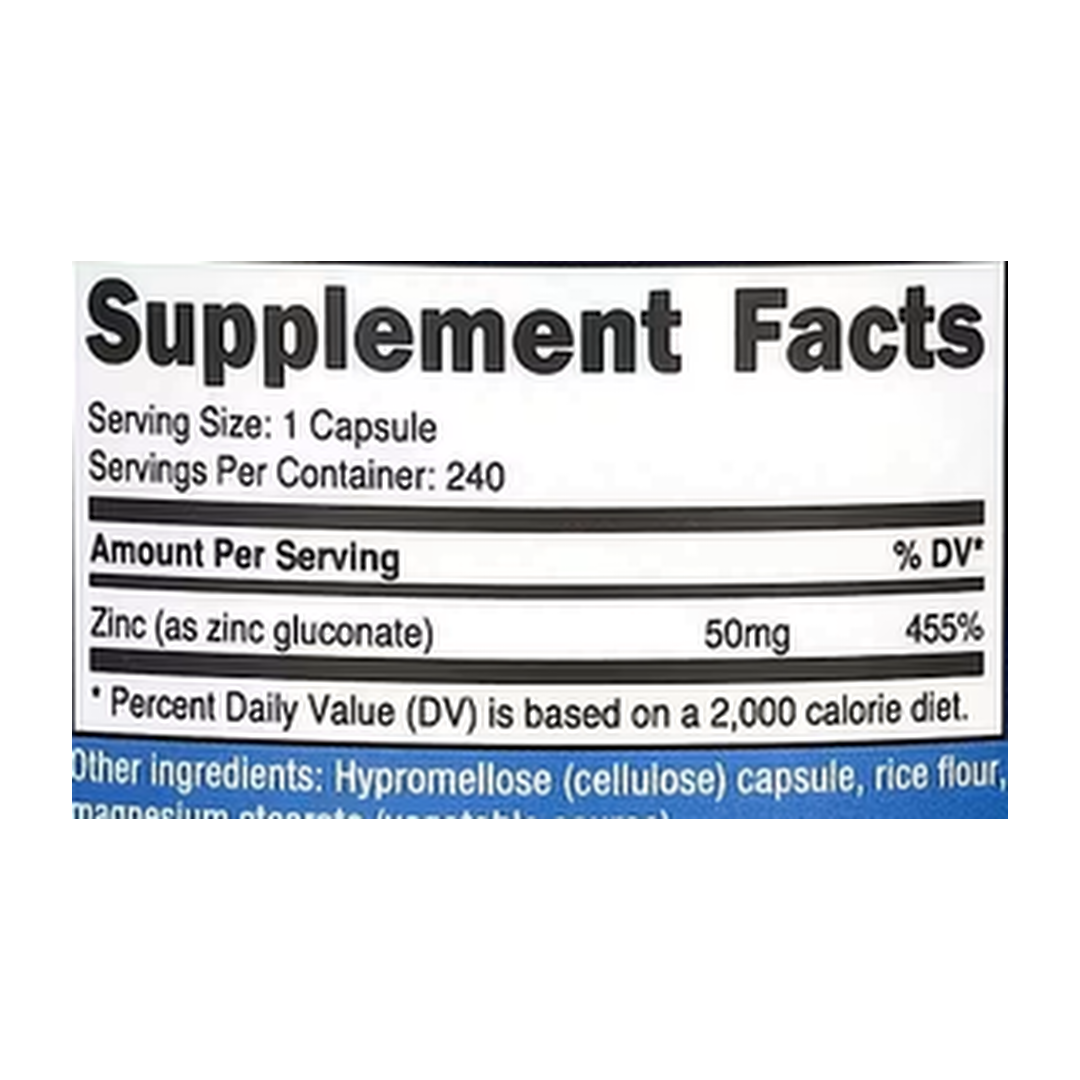 Nutricost, Zinc Gluconate, 50 mg, 240 Capsules supplement facts label showing ingredients, vitamins, minerals, and serving information