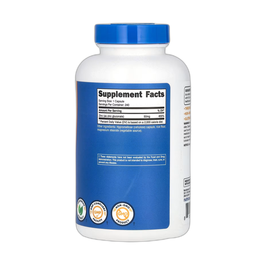 Nutricost, Zinc Gluconate, 50 mg, 240 Capsules back packaging view