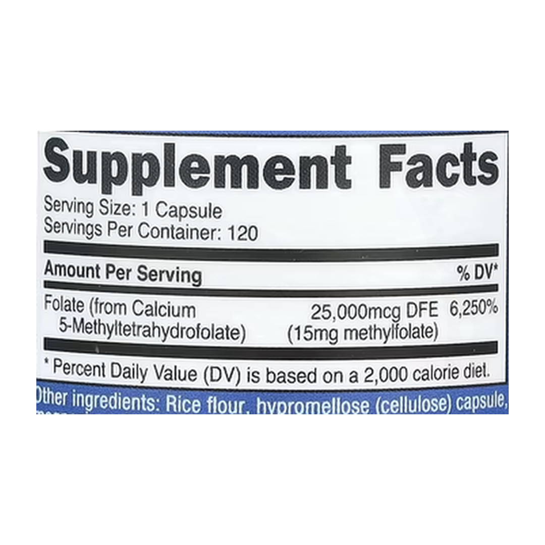 Nutricost, L-Methylfolate, 15 mg, 120 Capsules supplement facts label showing ingredients, vitamins, minerals, and serving information