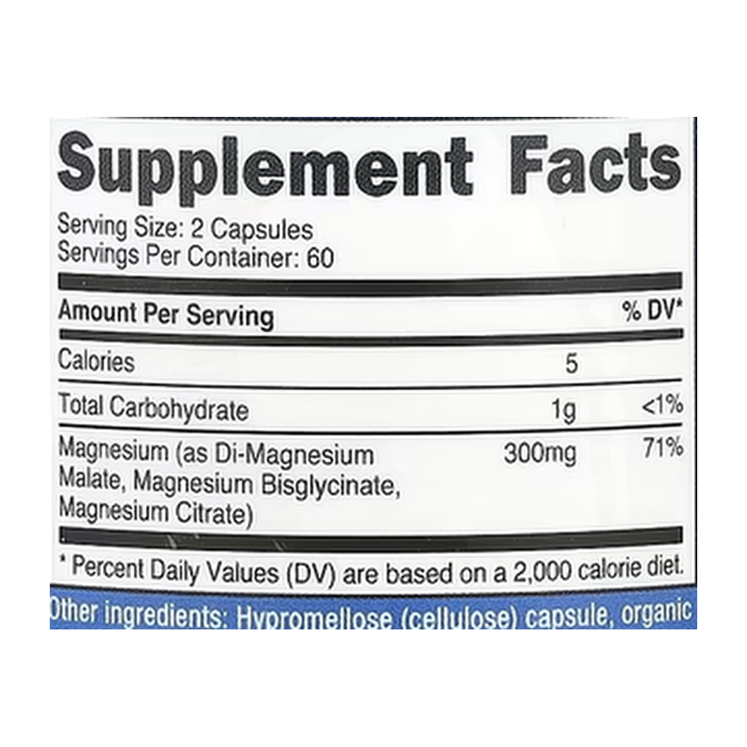 Nutricost, Triple Magnesium Complex, 120 Capsules supplement facts label showing ingredients, vitamins, minerals, and serving information