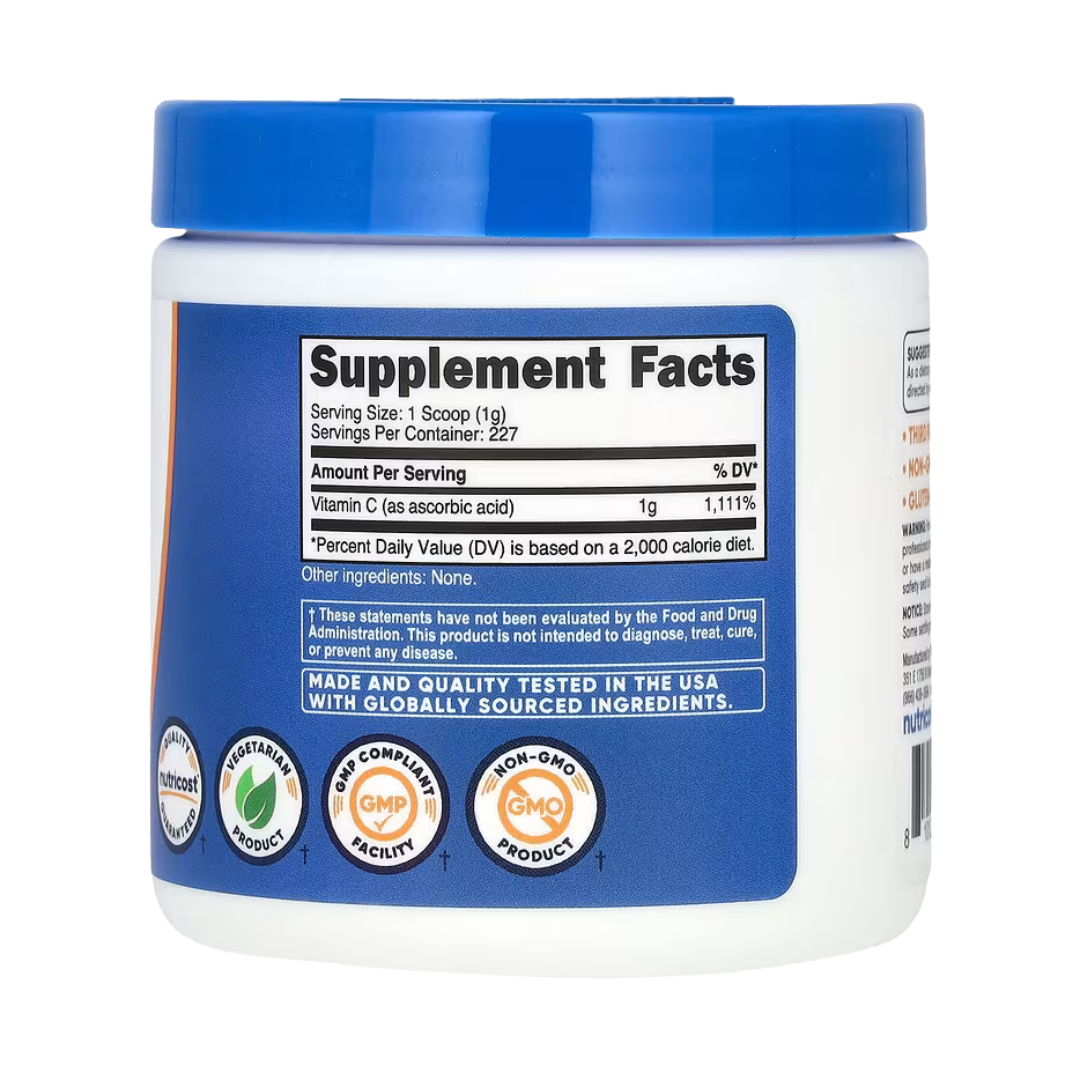 Nutricost, Vitamin C, Unflavored, 8.1 oz, 227 g back packaging view