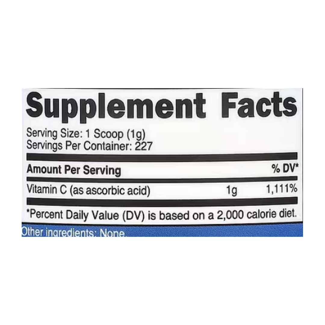 Nutricost, Vitamin C, Unflavored, 8.1 oz, 227 g supplement facts label showing ingredients, vitamins, minerals, and serving information