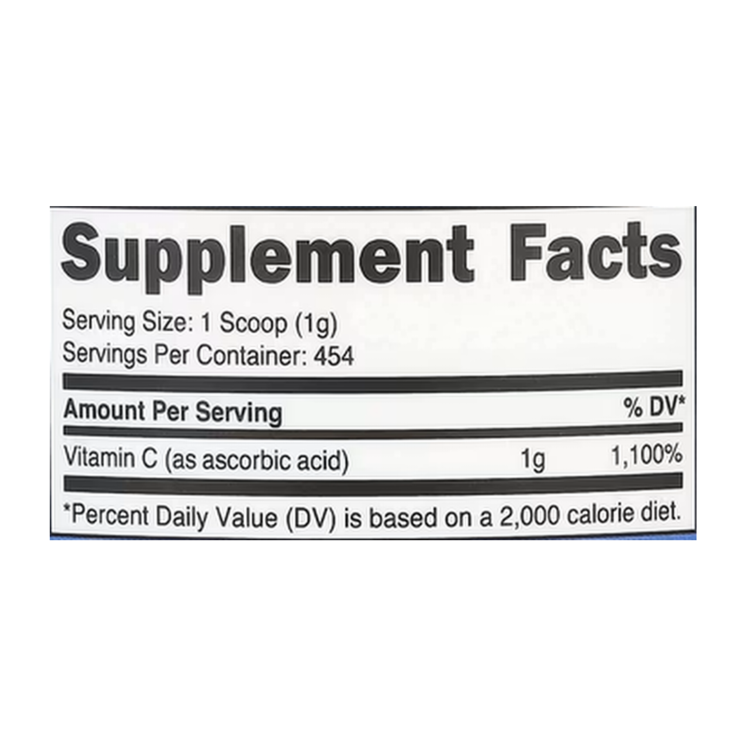 Nutricost, Vitamin C, Unflavored, 16.2 oz, 454 g supplement facts label showing ingredients, vitamins, minerals, and serving information