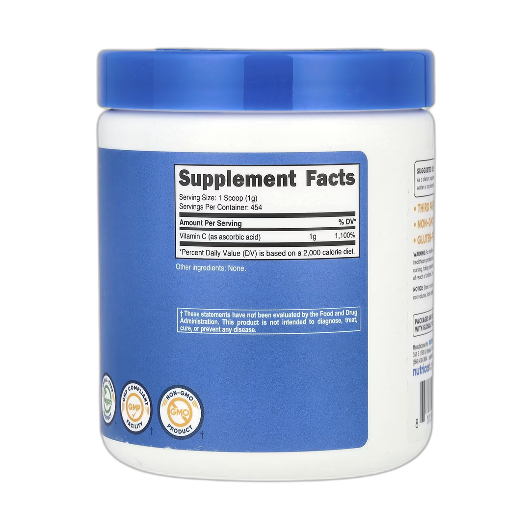 Nutricost, Vitamin C, Unflavored, 16.2 oz, 454 g back packaging view