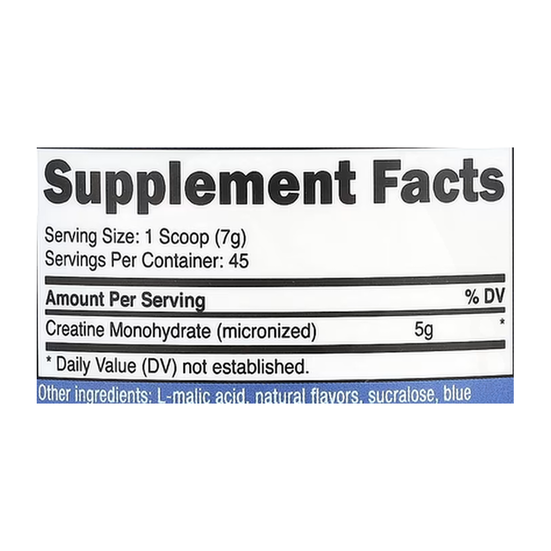 Nutricost, Performance, Creatine Monohydrate, Blue Raspberry, 10.7 oz, 300 g supplement facts label showing ingredients, vitamins, minerals, and serving information
