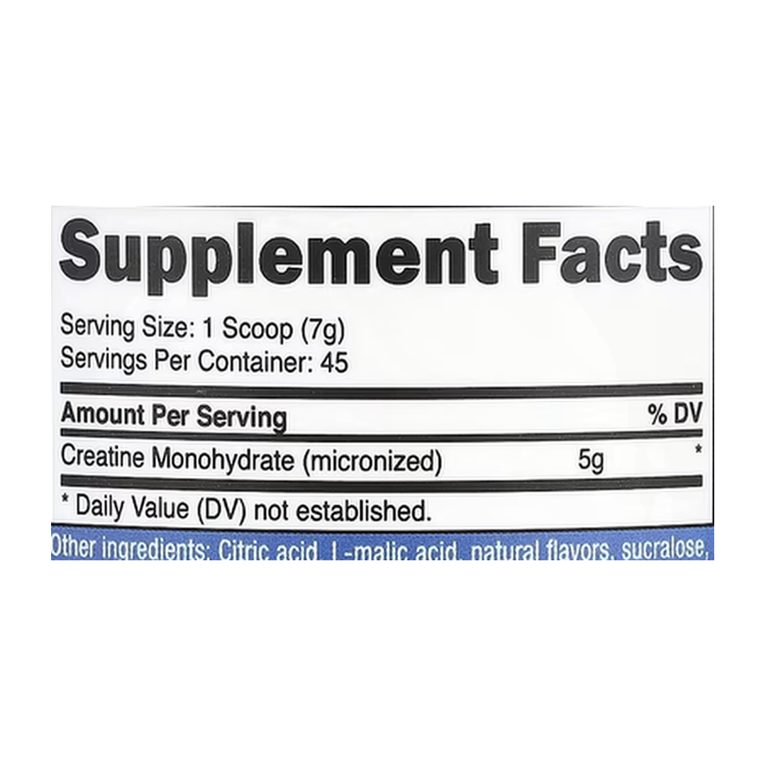 Nutricost, Performance, Creatine Monohydrate, Fruit Punch, 10.7 oz, 300 g supplement facts label showing ingredients, vitamins, minerals, and serving information