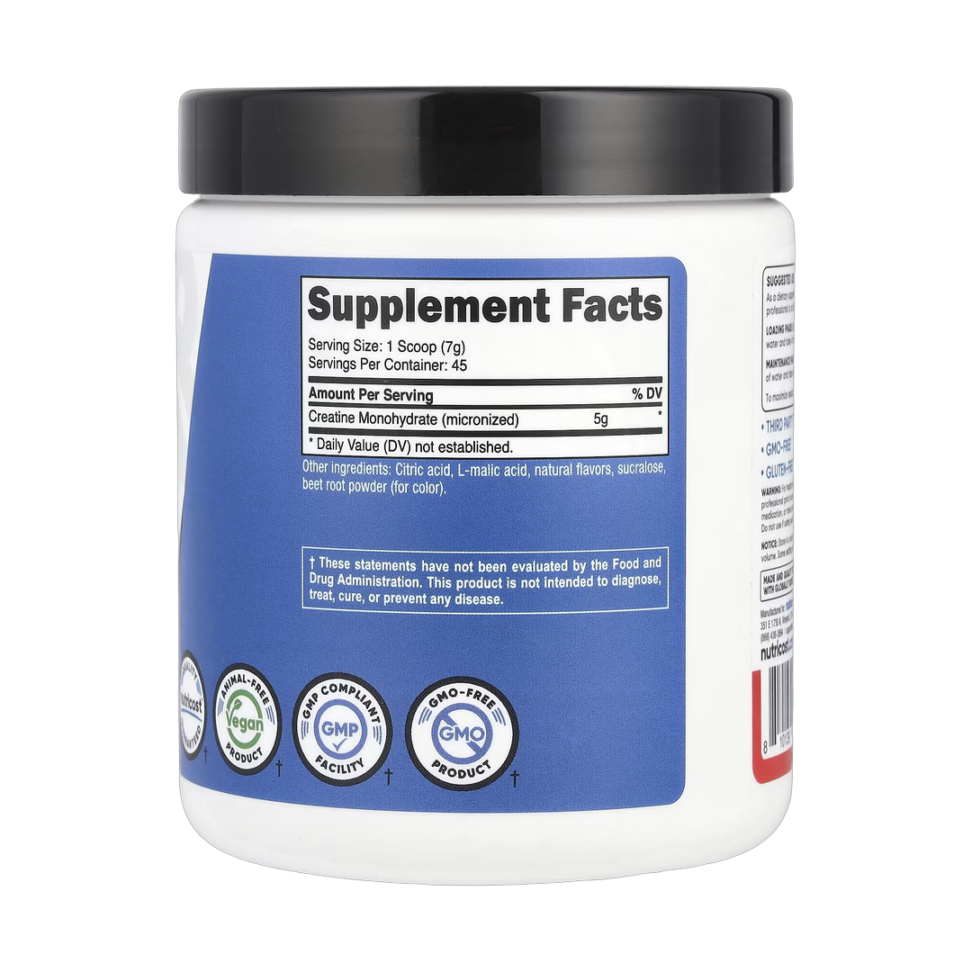 Nutricost, Performance, Creatine Monohydrate, Fruit Punch, 10.7 oz, 300 g back packaging view