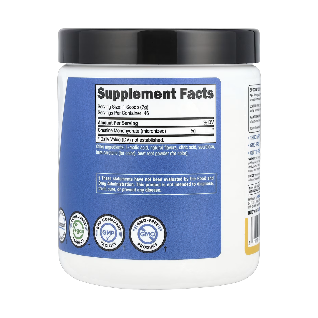 Nutricost, Performance, Creatine Monohydrate, Pineapple Mango, 10.7 oz, 300 g back packaging view