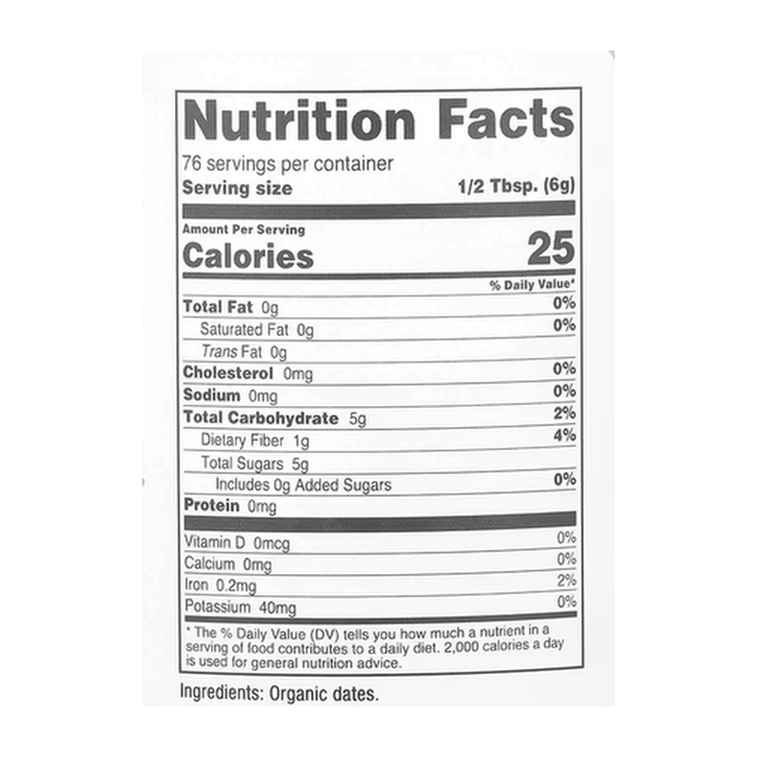 Nutricost, Pantry, Organic Date Sugar, 16.2 oz, 454 g supplement facts label showing ingredients, vitamins, minerals, and serving information
