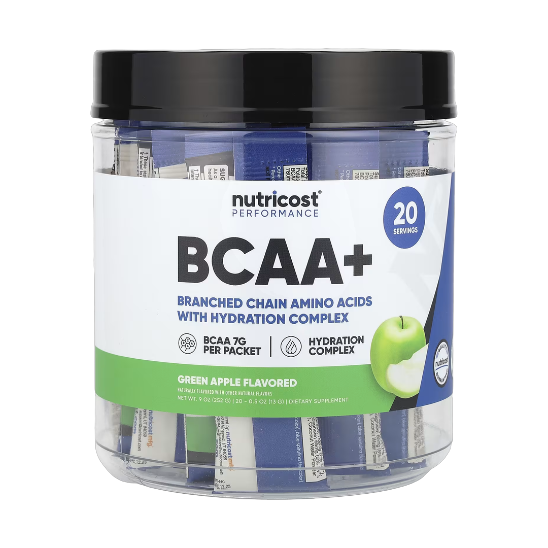 Nutricost, Performance, BCAA+, Green Apple, 20 Packets, 0.5 oz (13 g) Each front packaging view