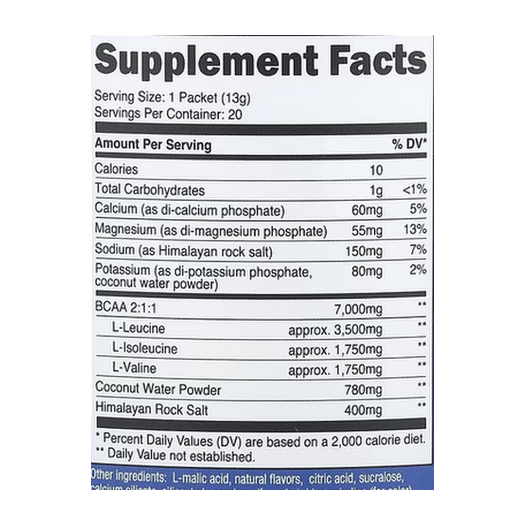 Nutricost, Performance, BCAA+, Green Apple, 20 Packets, 0.5 oz (13 g) Each supplement facts label showing ingredients, vitamins, minerals, and serving information