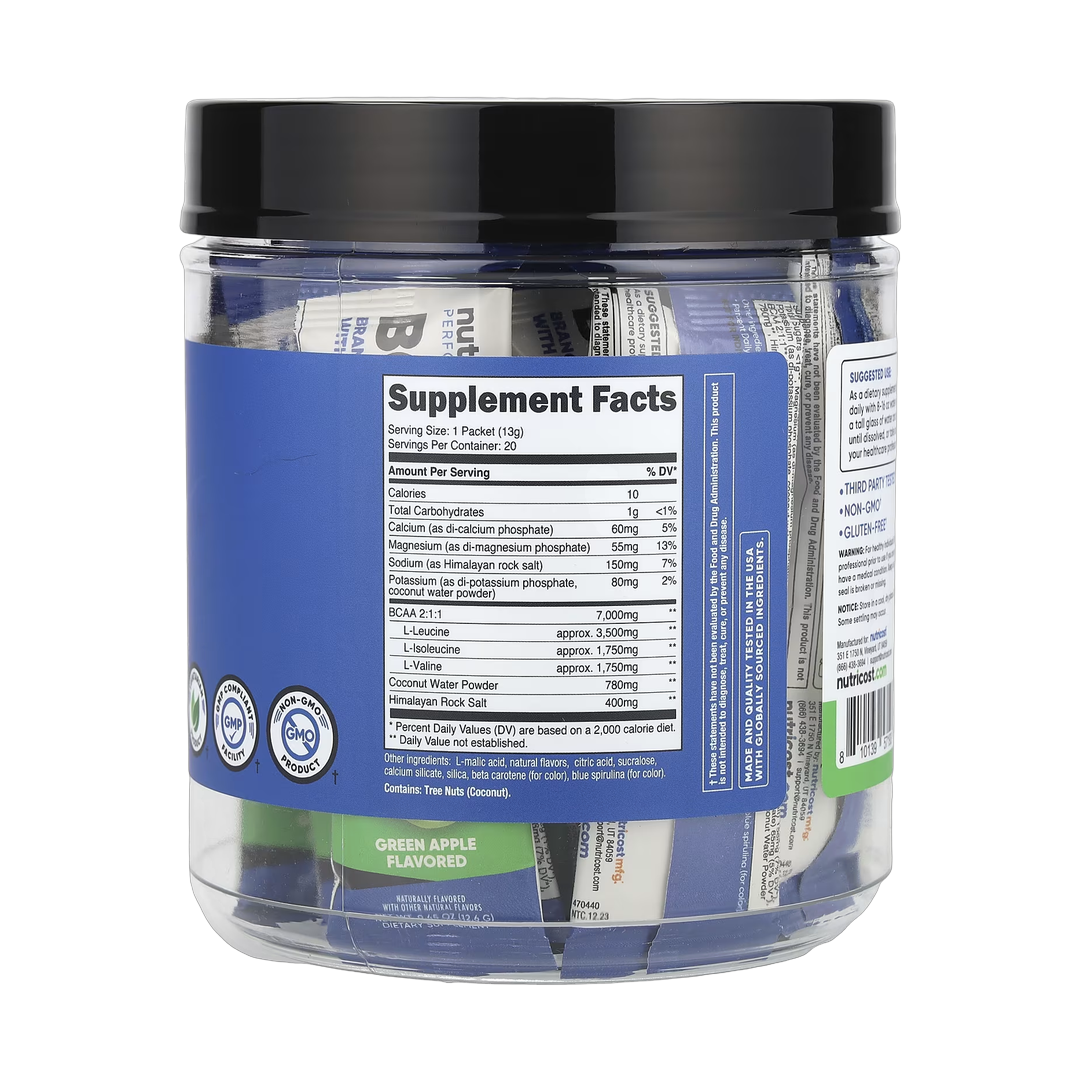 Nutricost, Performance, BCAA+, Green Apple, 20 Packets, 0.5 oz (13 g) Each back packaging view