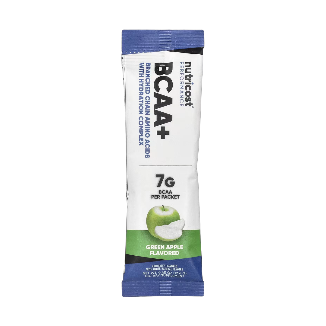 Nutricost, Performance, BCAA+, Green Apple, 20 Packets, 0.5 oz (13 g) Each packaging side view