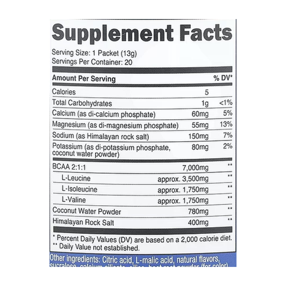 Nutricost, Performance, BCAA+, Fruit Punch, 20 Packets, 0.5 oz (13 g) Each supplement facts label showing ingredients, vitamins, minerals, and serving information