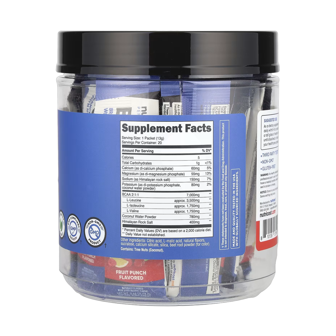 Nutricost, Performance, BCAA+, Fruit Punch, 20 Packets, 0.5 oz (13 g) Each back packaging view