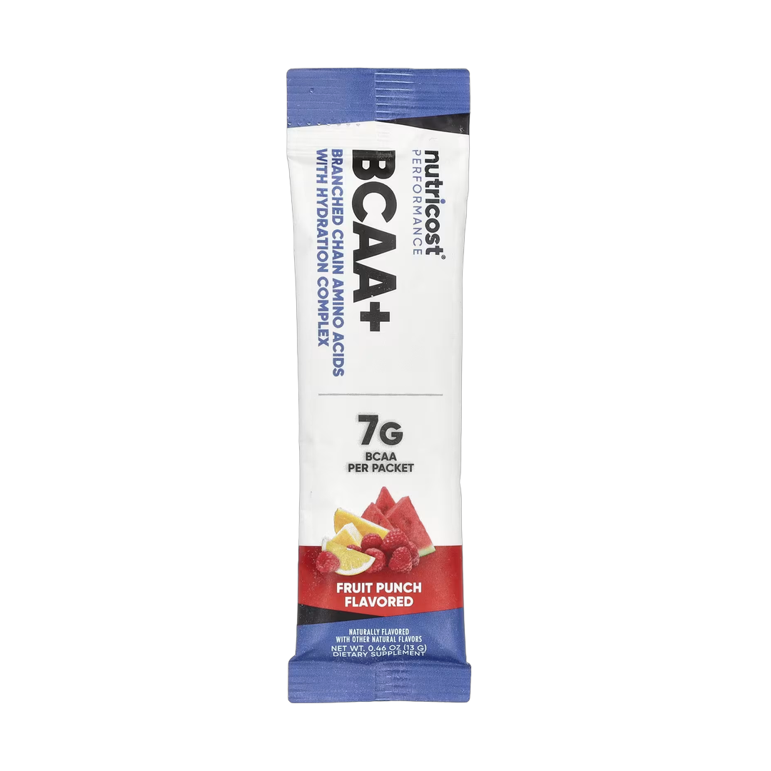 Nutricost, Performance, BCAA+, Fruit Punch, 20 Packets, 0.5 oz (13 g) Each packaging side view