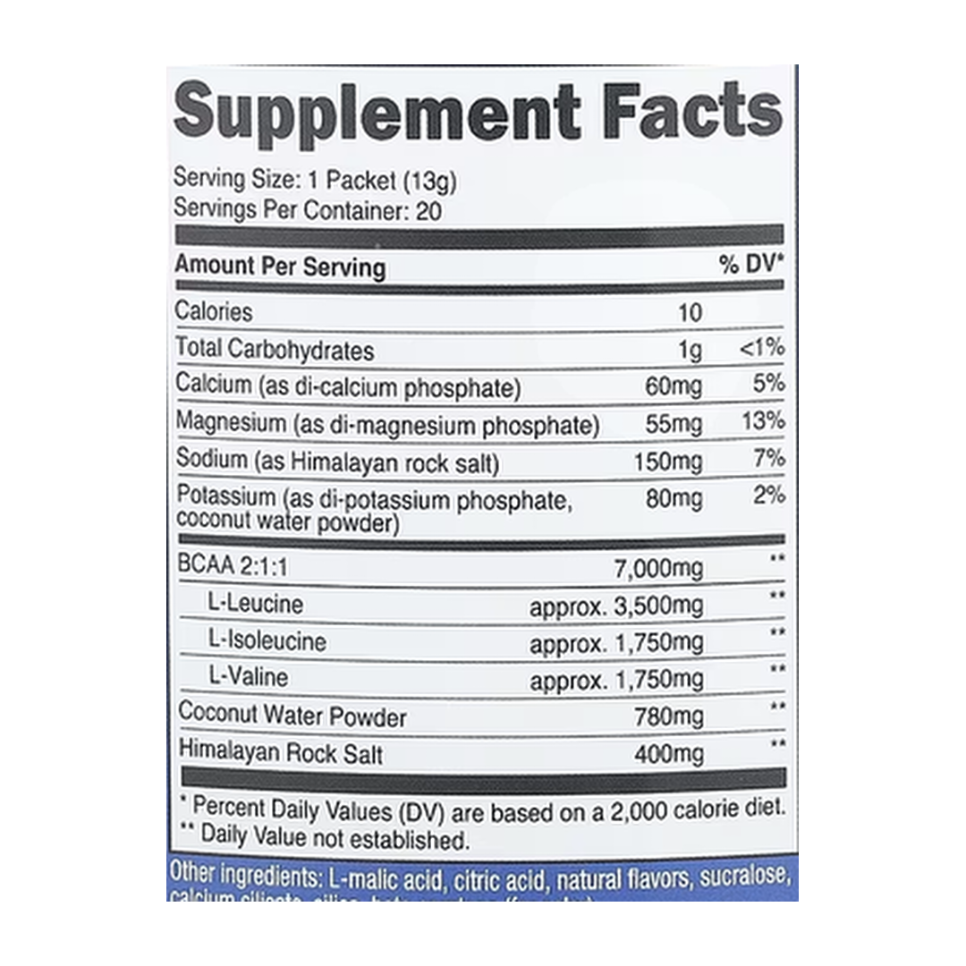 Nutricost, Performance, BCAA+, Peach Mango, 20 Packets, 0.5 oz (13 g) Each supplement facts label showing ingredients, vitamins, minerals, and serving information