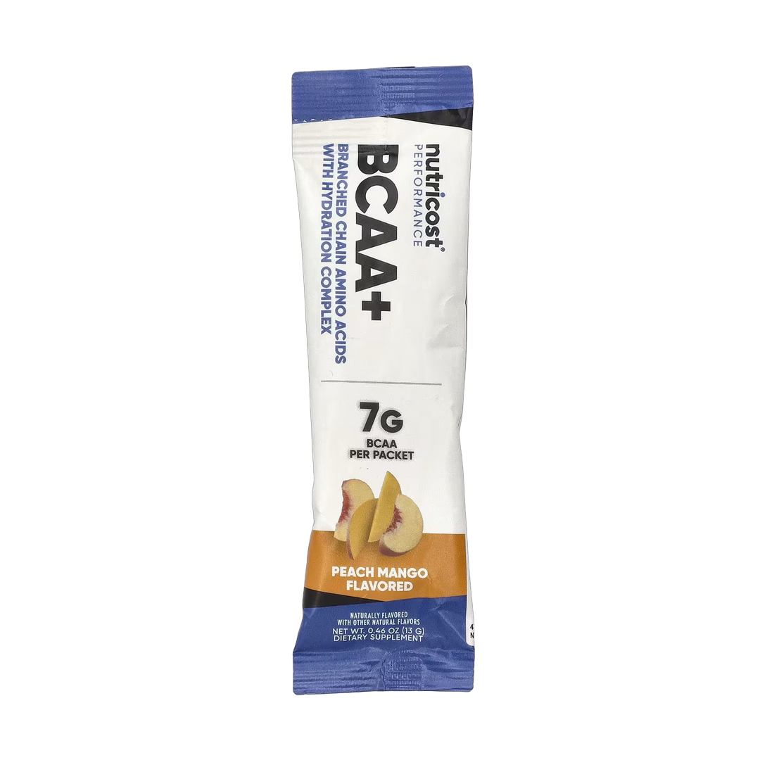 Nutricost, Performance, BCAA+, Peach Mango, 20 Packets, 0.5 oz (13 g) Each packaging side view