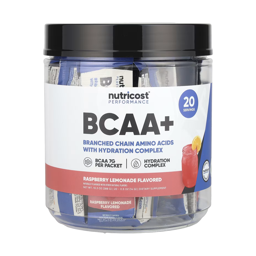 Nutricost, Performance, BCAA+, Raspberry Lemonade, 20 Packets, 0.5 oz (14 g) Each front packaging view