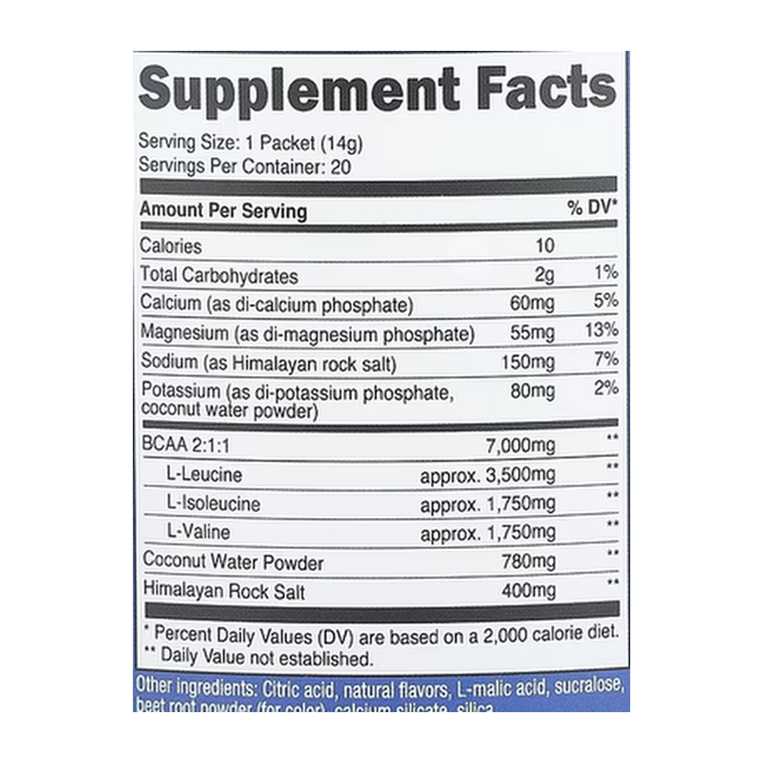 Nutricost, Performance, BCAA+, Raspberry Lemonade, 20 Packets, 0.5 oz (14 g) Each supplement facts label showing ingredients, vitamins, minerals, and serving information