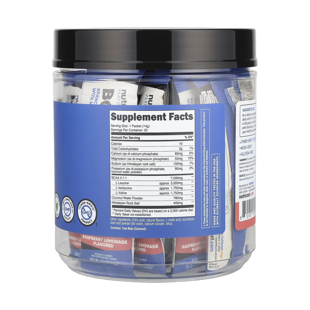 Nutricost, Performance, BCAA+, Raspberry Lemonade, 20 Packets, 0.5 oz (14 g) Each back packaging view