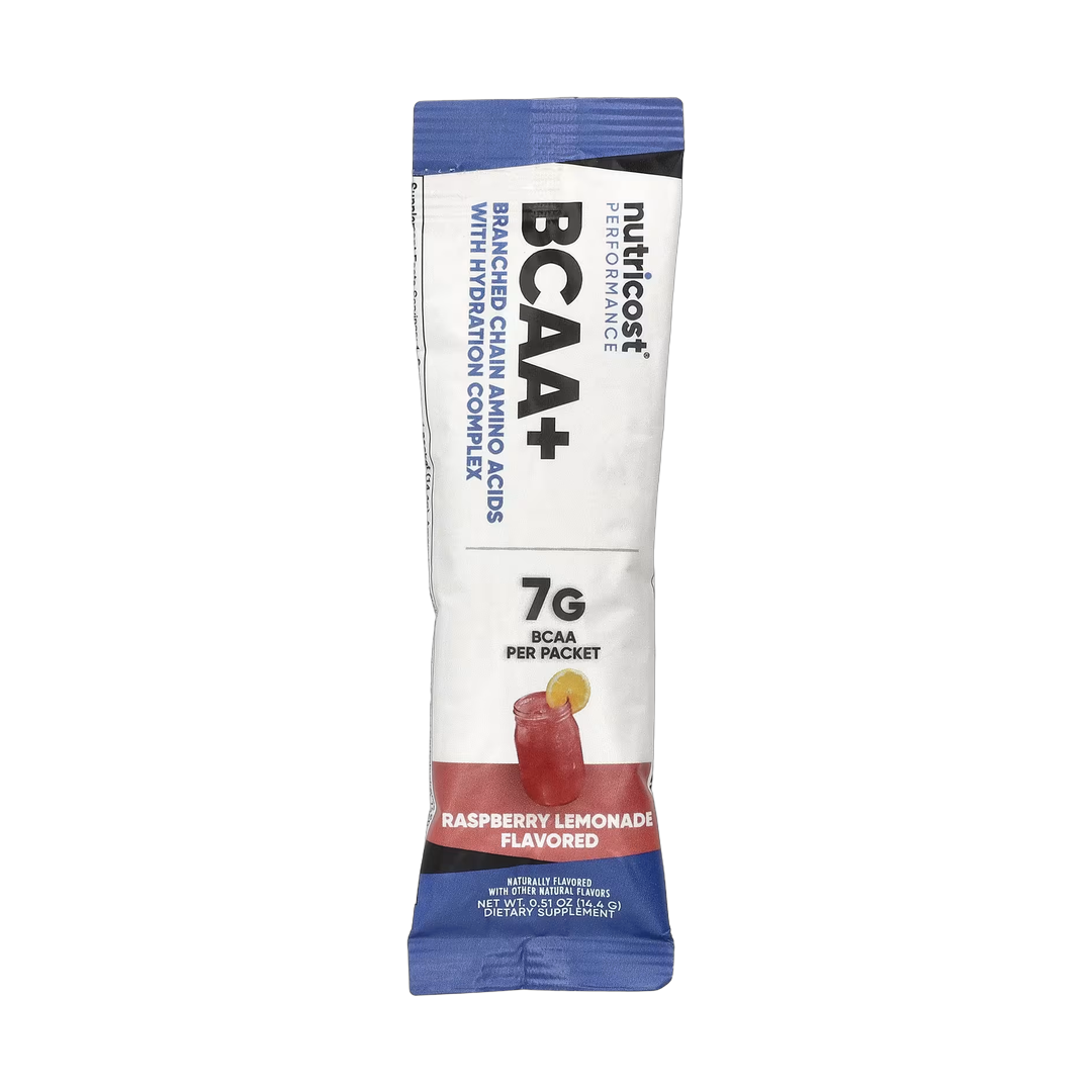 Nutricost, Performance, BCAA+, Raspberry Lemonade, 20 Packets, 0.5 oz (14 g) Each packaging side view