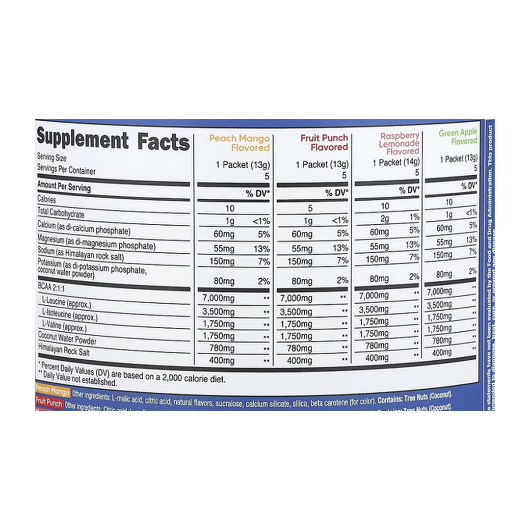 Nutricost, Performance, BCAA +, Variety Pack, 20 Packets, 0.5 oz (13-14 g) Each supplement facts label showing ingredients, vitamins, minerals, and serving information