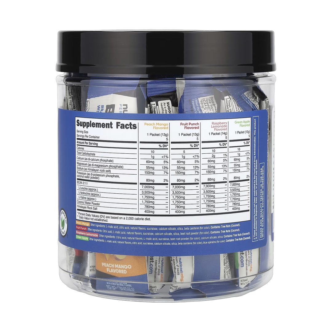Nutricost, Performance, BCAA +, Variety Pack, 20 Packets, 0.5 oz (13-14 g) Each back packaging view