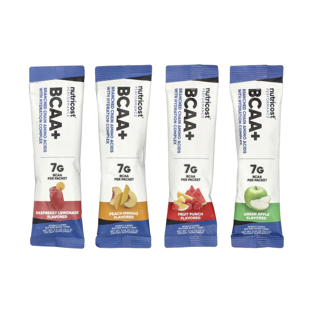 Nutricost, Performance, BCAA +, Variety Pack, 20 Packets, 0.5 oz (13-14 g) Each packaging side view