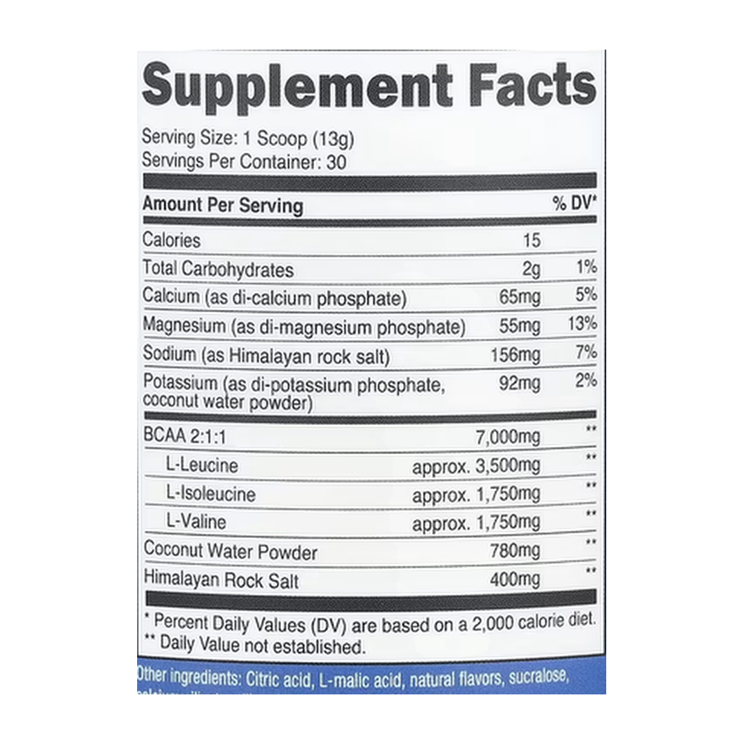 Nutricost, Performance, BCAA+, Fruit Punch, 14 oz, 393 g supplement facts label showing ingredients, vitamins, minerals, and serving information