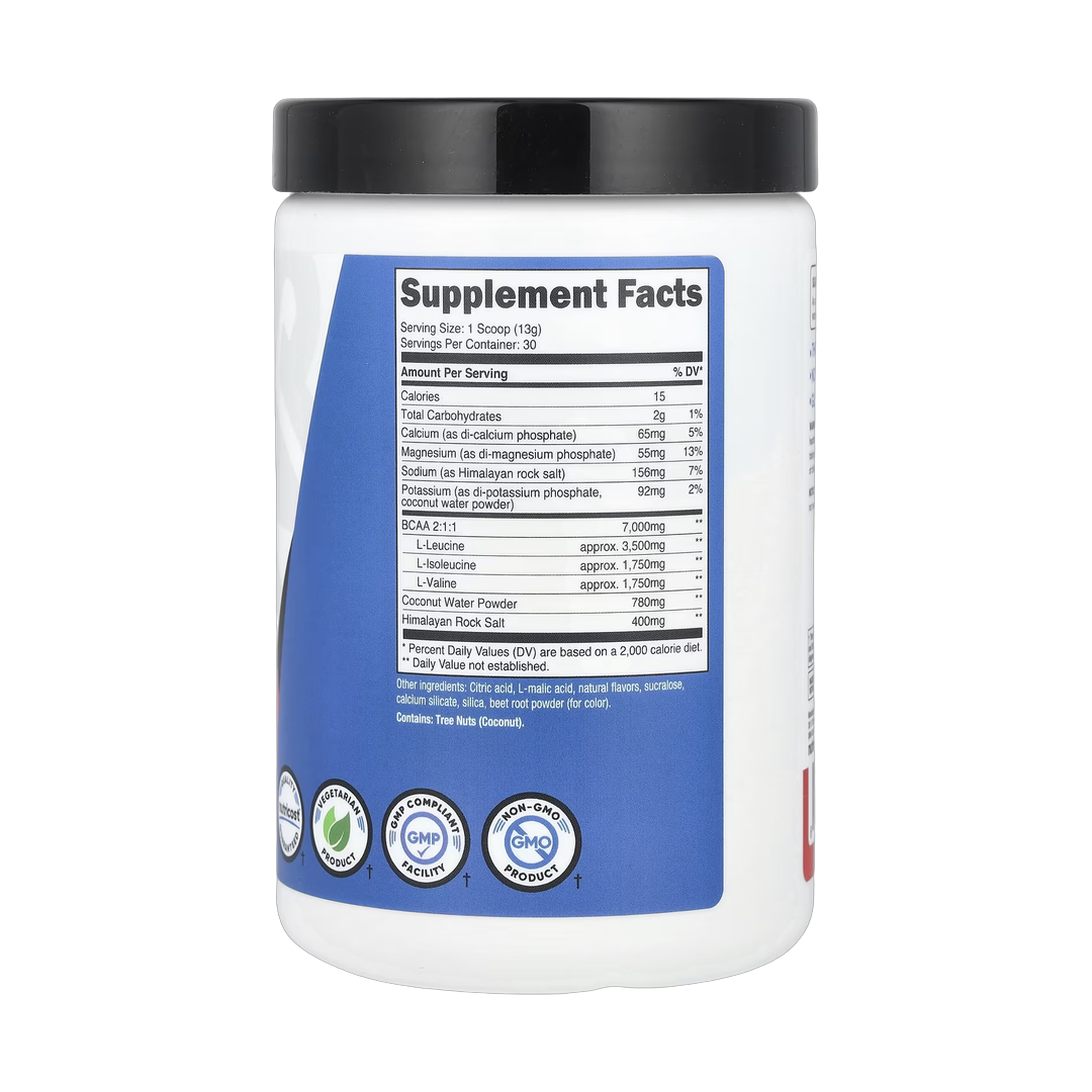 Nutricost, Performance, BCAA+, Fruit Punch, 14 oz, 393 g back packaging view