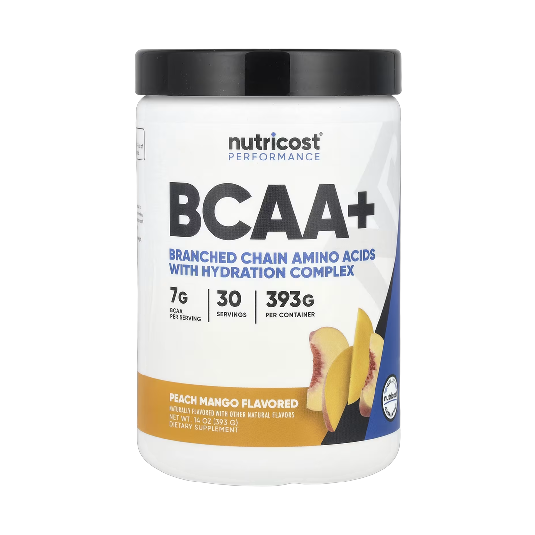 Nutricost, Performance, BCAA+, Peach Mango, 14 oz, 393 g front packaging view
