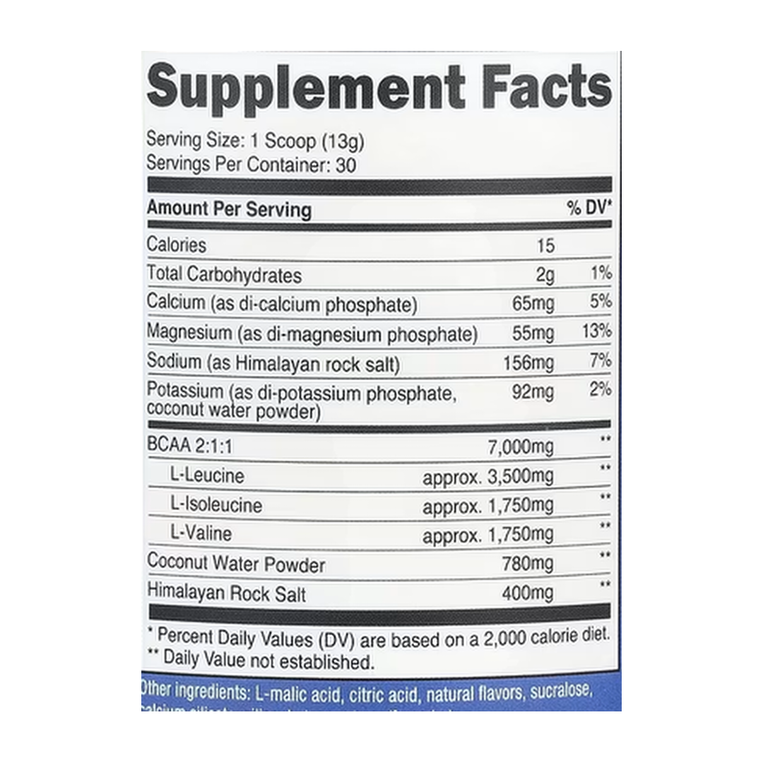 Nutricost, Performance, BCAA+, Peach Mango, 14 oz, 393 g supplement facts label showing ingredients, vitamins, minerals, and serving information