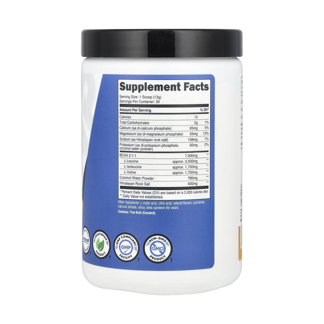 Nutricost, Performance, BCAA+, Peach Mango, 14 oz, 393 g back packaging view