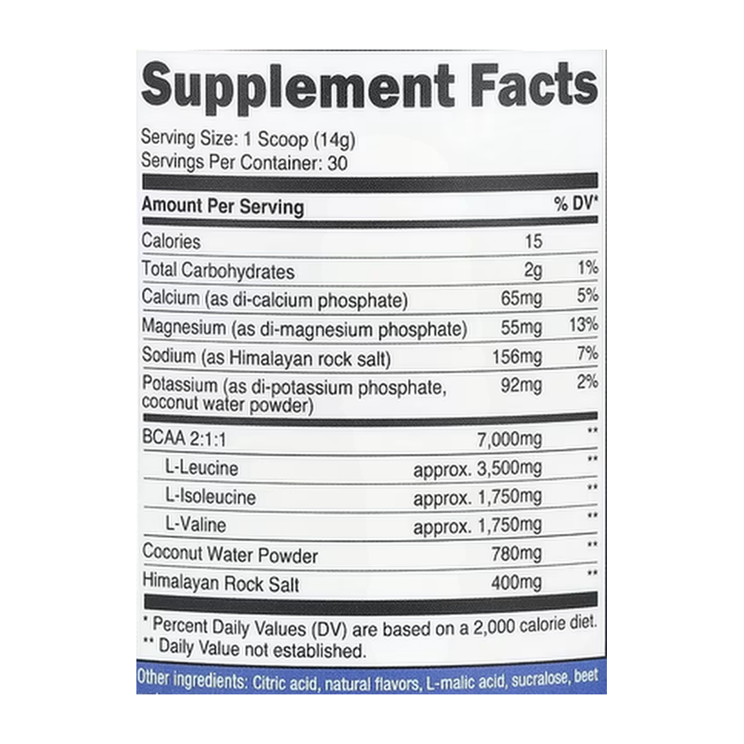 Nutricost, Performance, BCAA+, Raspberry Lemonade, 15.4 oz, 432 g supplement facts label showing ingredients, vitamins, minerals, and serving information