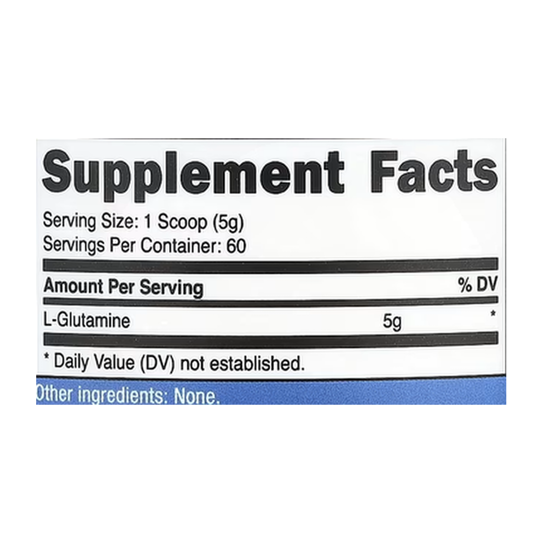 Nutricost, L-Glutamine, Unflavored, 10.7 oz, 300 g supplement facts label showing ingredients, vitamins, minerals, and serving information