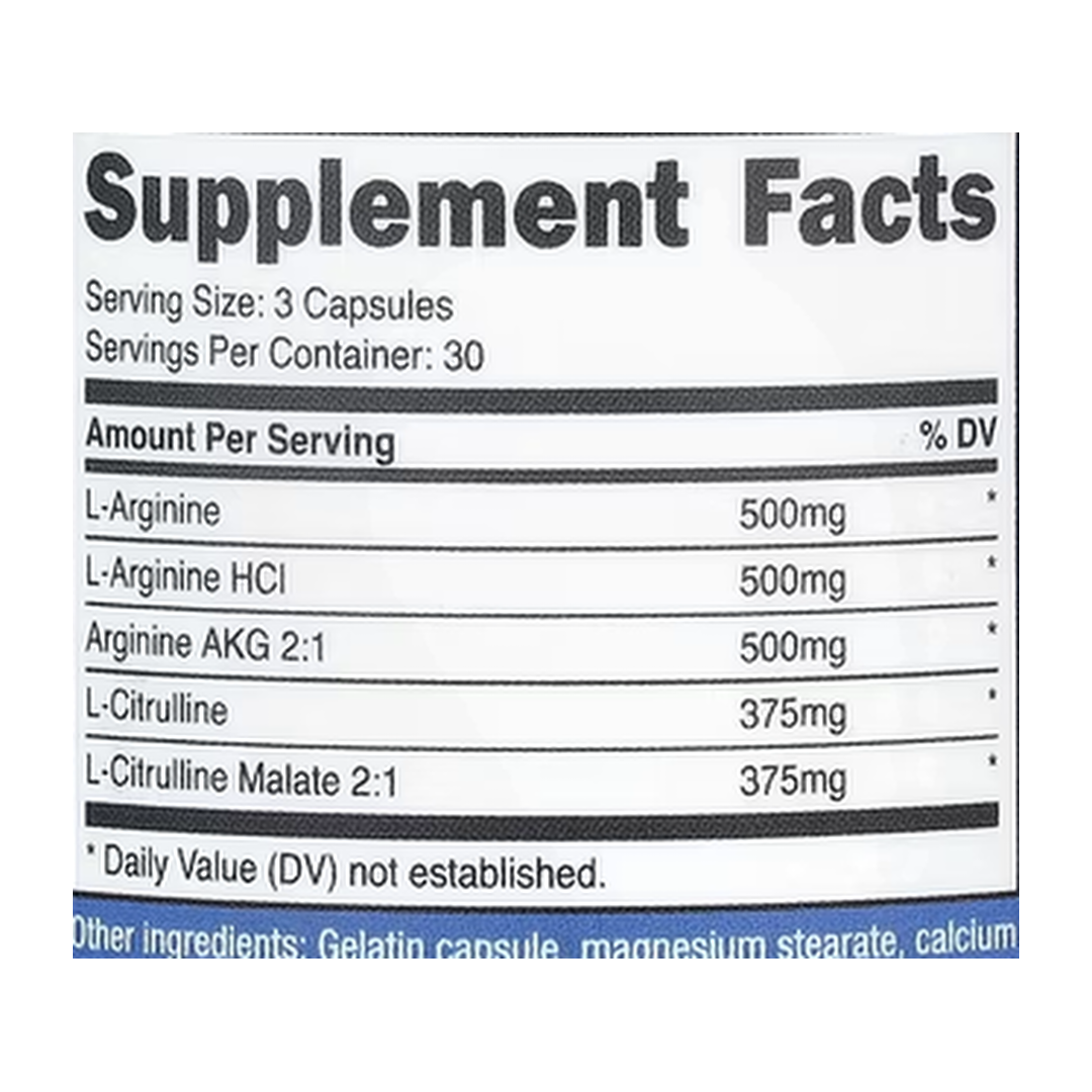 Nutricost, Performance, Nitric Oxide Booster, 90 Capsules supplement facts label showing ingredients, vitamins, minerals, and serving information