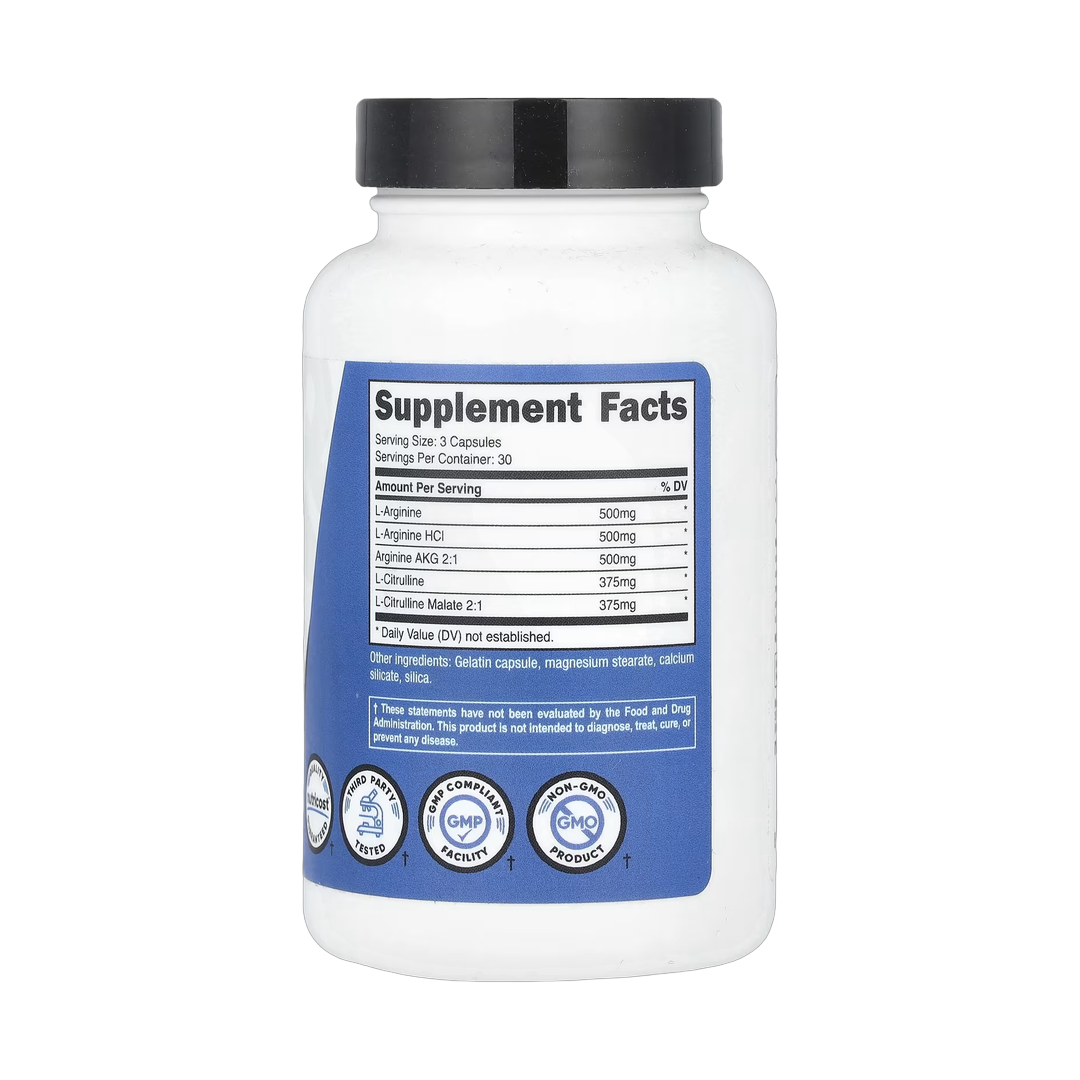 Nutricost, Performance, Nitric Oxide Booster, 90 Capsules back packaging view