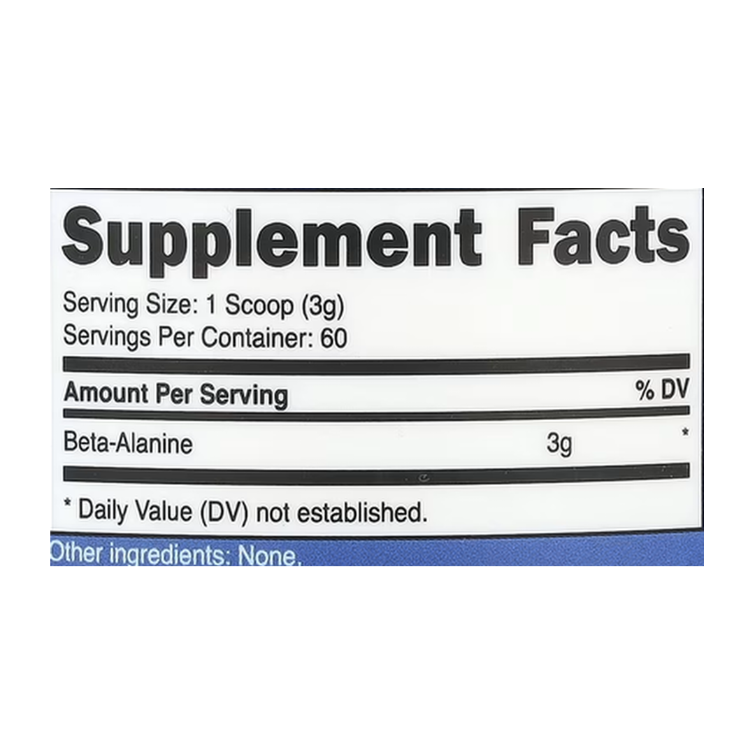 Nutricost, Beta-Alanine, Unflavored, 6.4 oz, 180 g supplement facts label showing ingredients, vitamins, minerals, and serving information